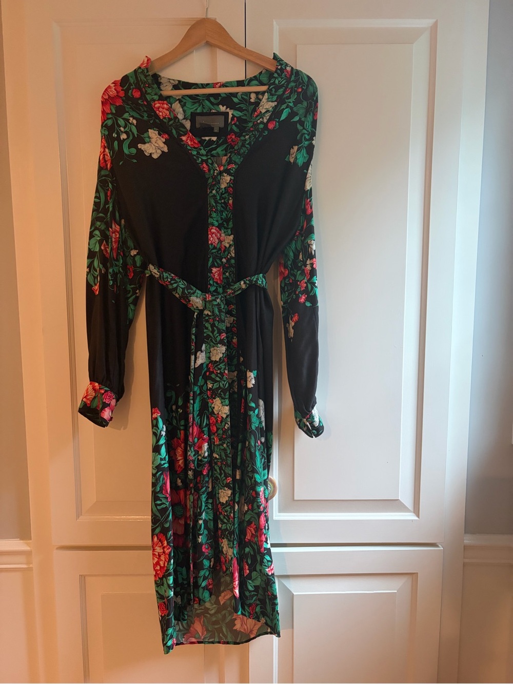 Anthropologie Black Floral Tie-Waist Midi Dress with Green and Red Print